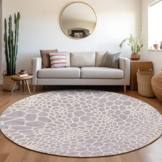 8' Lilac And Ivory Round Geometric Washable Indoor Outdoor Area Rug Photo 7