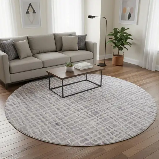 8' Lilac And Ivory Striped Washable Round Rug With UV Protection Photo 2