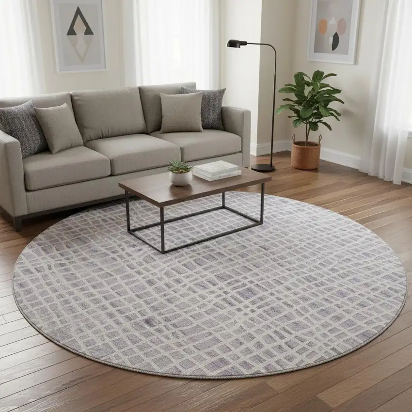 8' Lilac And Ivory Striped Washable Round Rug With UV Protection Photo 2