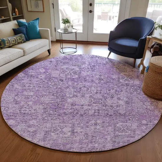 8' Lilac And Purple Round Floral Washable Indoor Outdoor Area Rug Photo 7