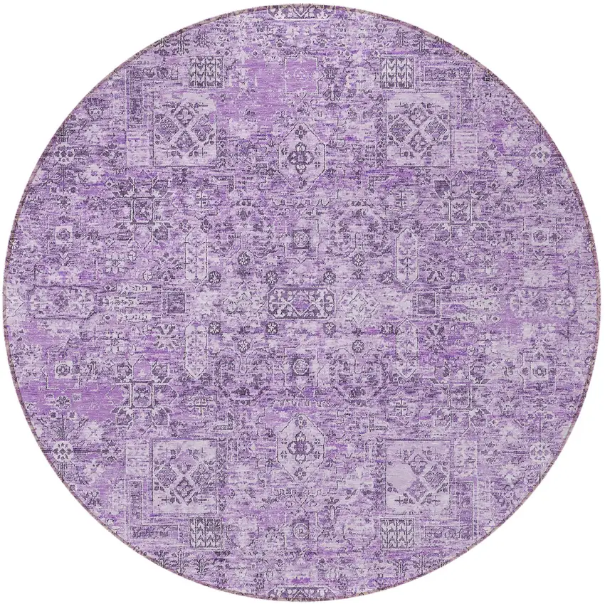 8' Lilac And Purple Round Floral Washable Indoor Outdoor Area Rug Photo 5