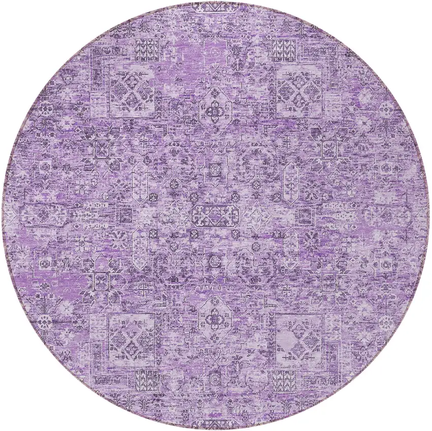 8' Lilac And Purple Round Floral Washable Indoor Outdoor Area Rug Photo 5
