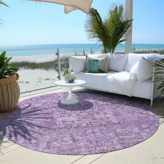 8' Lilac And Purple Round Floral Washable Indoor Outdoor Area Rug Photo 6