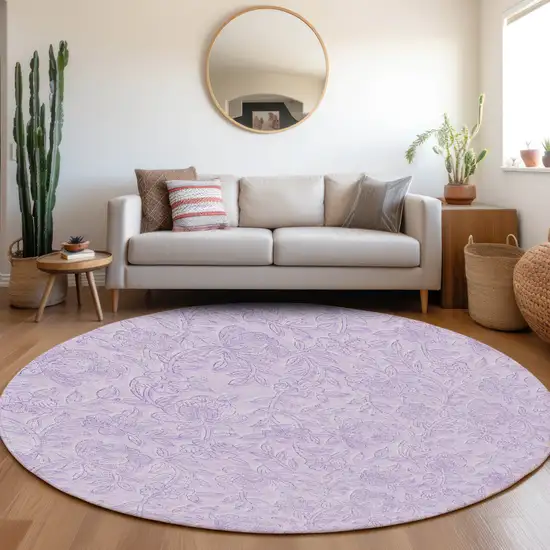 8' Lilac And Purple Round Floral Washable Indoor Outdoor Area Rug Photo 7