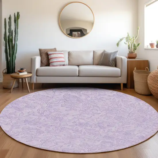 8' Lilac And Purple Round Floral Washable Indoor Outdoor Area Rug Photo 7