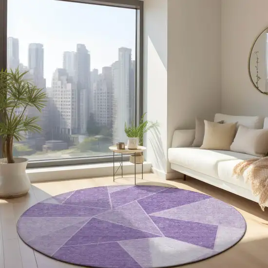 8' Lilac And Purple Round Geometric Washable Indoor Outdoor Area Rug Photo 7