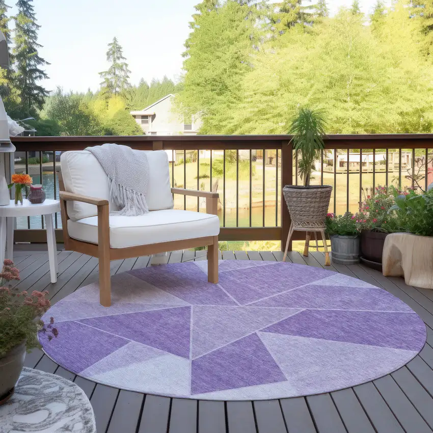 8' Lilac And Purple Round Geometric Washable Indoor Outdoor Area Rug Photo 6