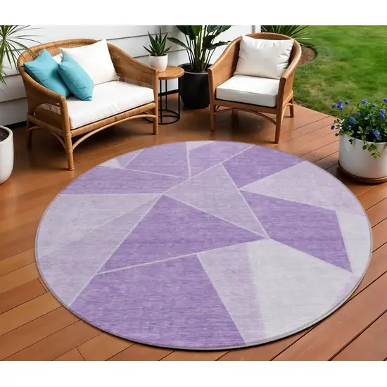 8' Lilac And Purple Round Geometric Washable Indoor Outdoor Area Rug Photo 1