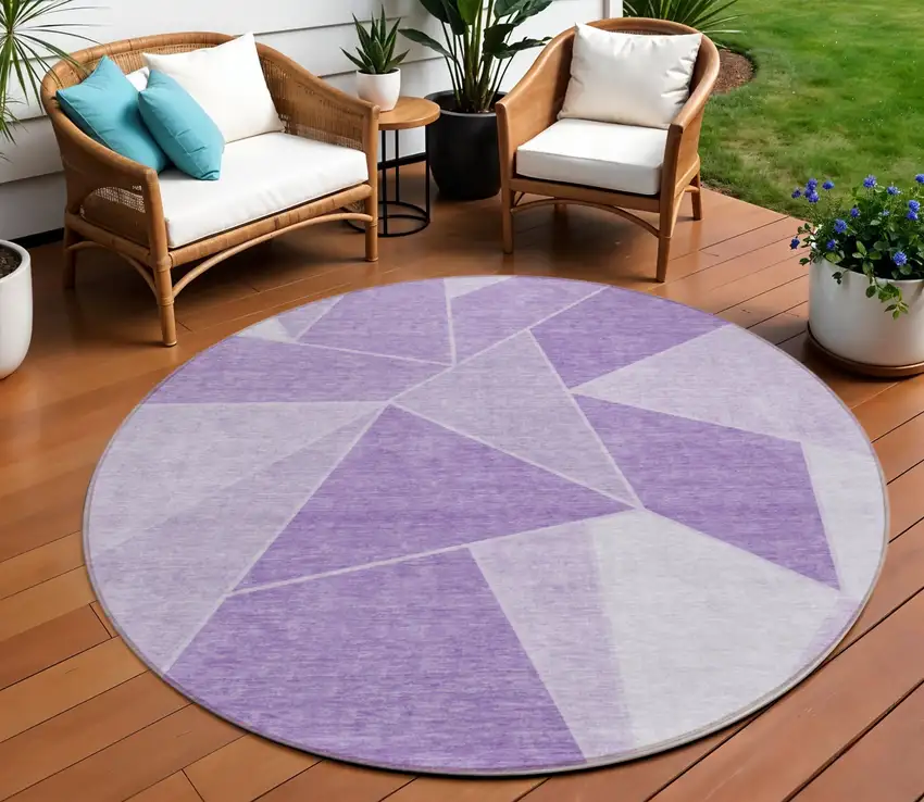 8' Lilac And Purple Round Geometric Washable Indoor Outdoor Area Rug Photo 1
