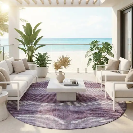 8' Lilac And Purple Round Striped Washable Indoor Outdoor Area Rug Photo 1