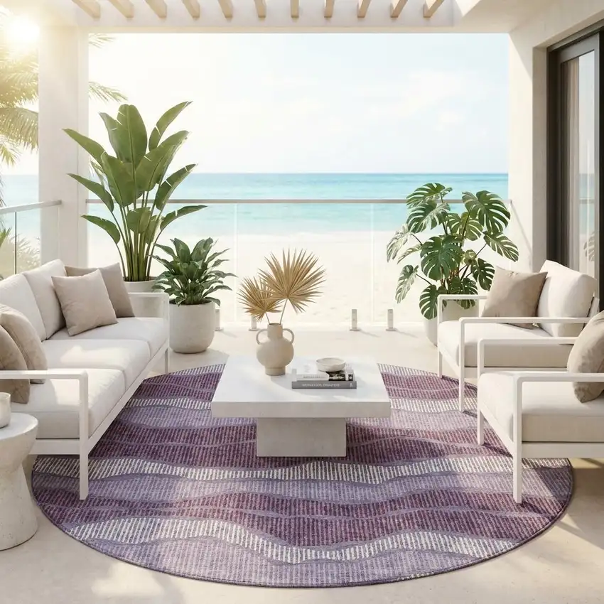 8' Lilac And Purple Round Striped Washable Indoor Outdoor Area Rug Photo 1