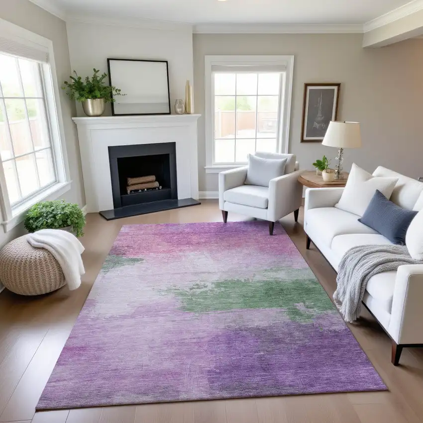 8' Lilac Green And Pink Abstract Washable Area Rug With UV Protection Photo 4