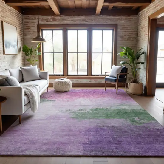 8' Lilac Green And Pink Abstract Washable Area Rug With UV Protection Photo 5