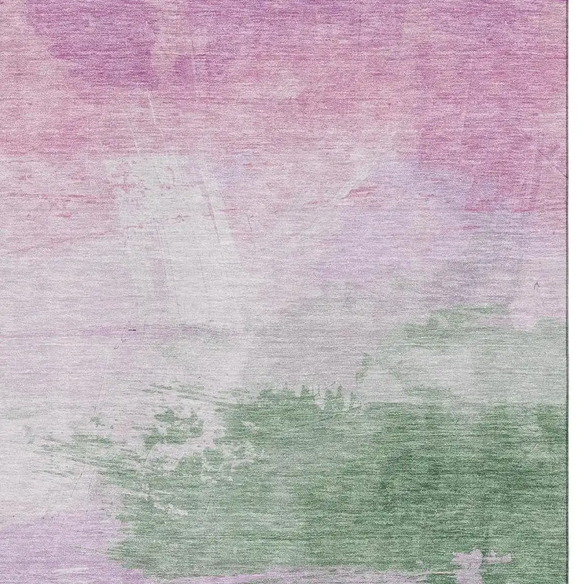 8' Lilac Green And Pink Abstract Washable Area Rug With UV Protection Photo 2