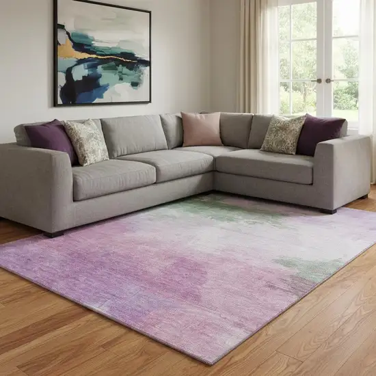 8' Lilac Green And Pink Abstract Washable Area Rug With UV Protection Photo 2