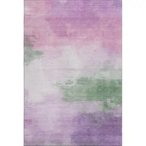 Photo of 8' Lilac Green And Pink Abstract Washable Area Rug With UV Protection