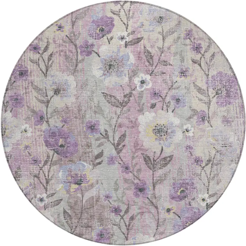 8' Lilac Ivory And Beige Round Floral Washable Indoor Outdoor Area Rug Photo 1