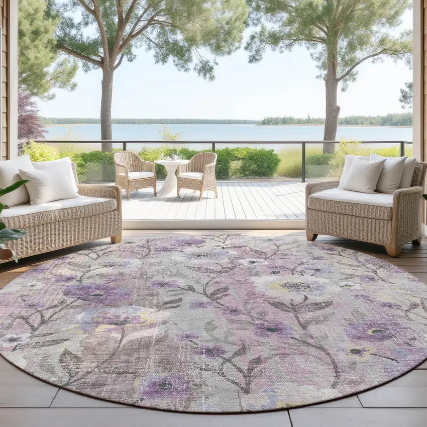 8' Lilac Ivory And Beige Round Floral Washable Indoor Outdoor Area Rug Photo 4