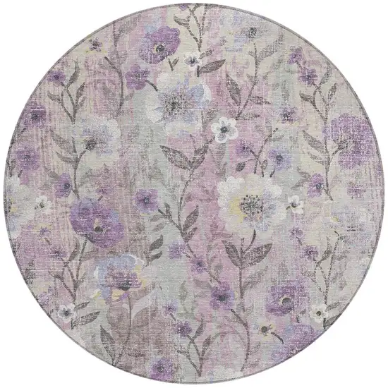 8' Lilac Ivory And Beige Round Floral Washable Indoor Outdoor Area Rug Photo 3