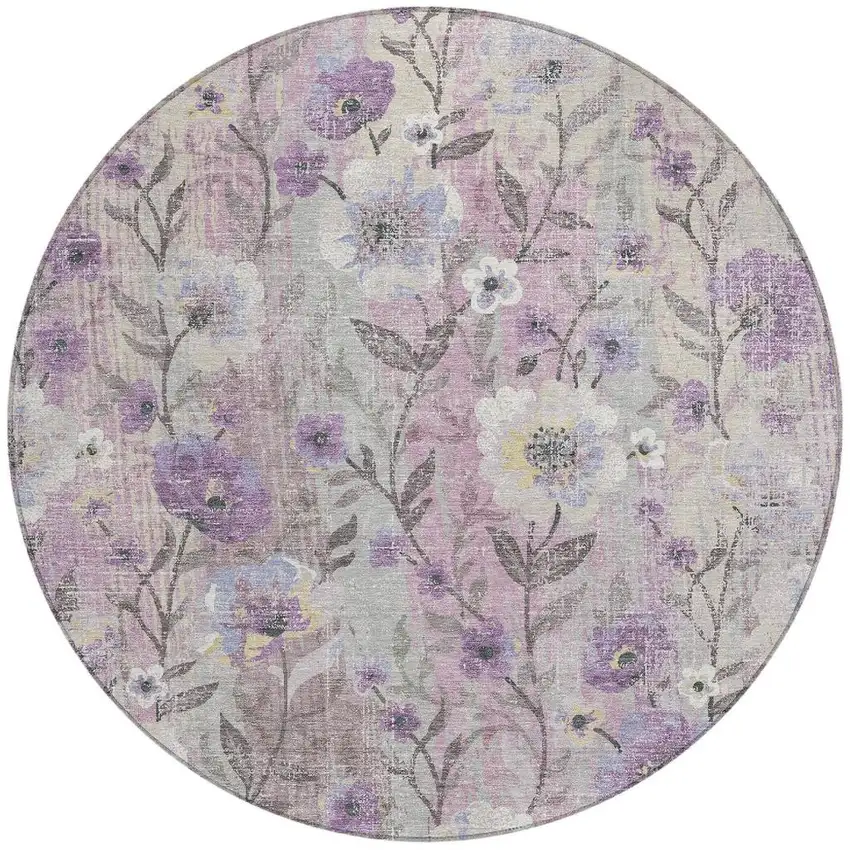 8' Lilac Ivory And Beige Round Floral Washable Indoor Outdoor Area Rug Photo 3
