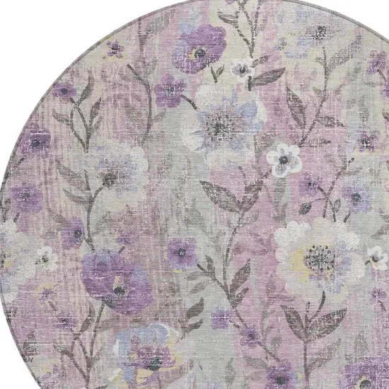 8' Lilac Ivory And Beige Round Floral Washable Indoor Outdoor Area Rug Photo 2
