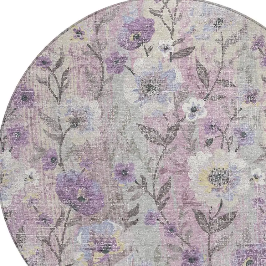 8' Lilac Ivory And Beige Round Floral Washable Indoor Outdoor Area Rug Photo 2