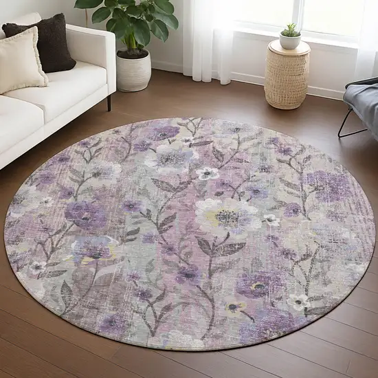 8' Lilac Ivory And Beige Round Floral Washable Indoor Outdoor Area Rug Photo 5