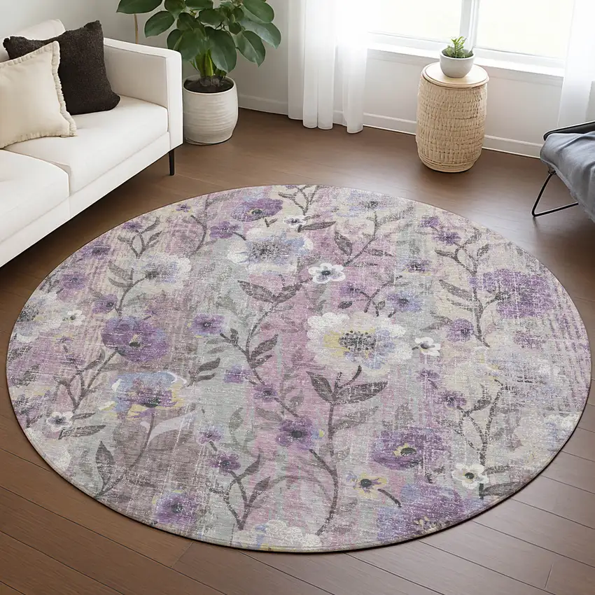 8' Lilac Ivory And Beige Round Floral Washable Indoor Outdoor Area Rug Photo 5