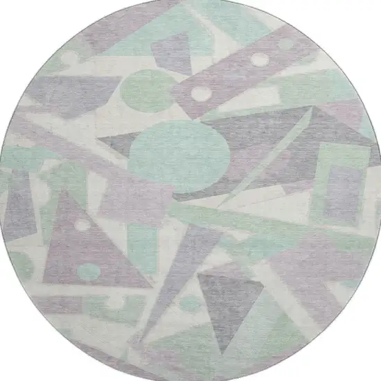 8' Lilac Mint Green And Ivory Geometric Washable Round Rug With UV Protection Photo 3