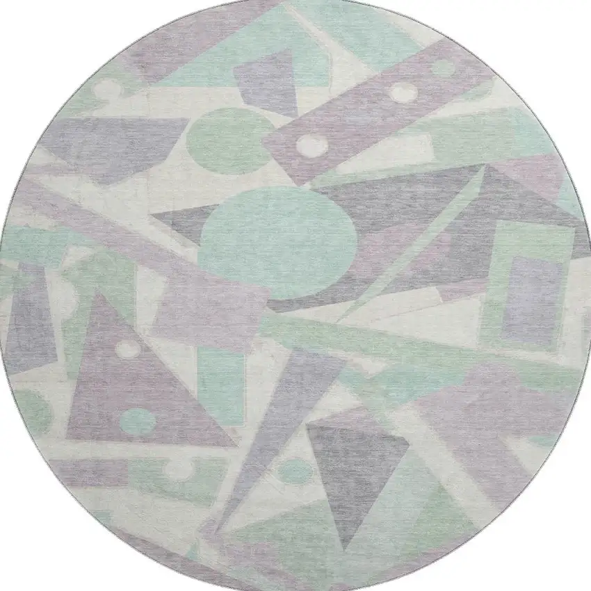 8' Lilac Mint Green And Ivory Geometric Washable Round Rug With UV Protection Photo 3