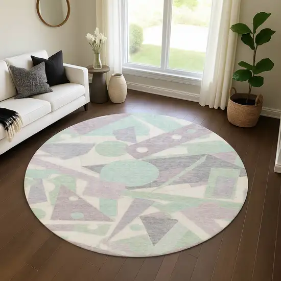 8' Lilac Mint Green And Ivory Geometric Washable Round Rug With UV Protection Photo 4
