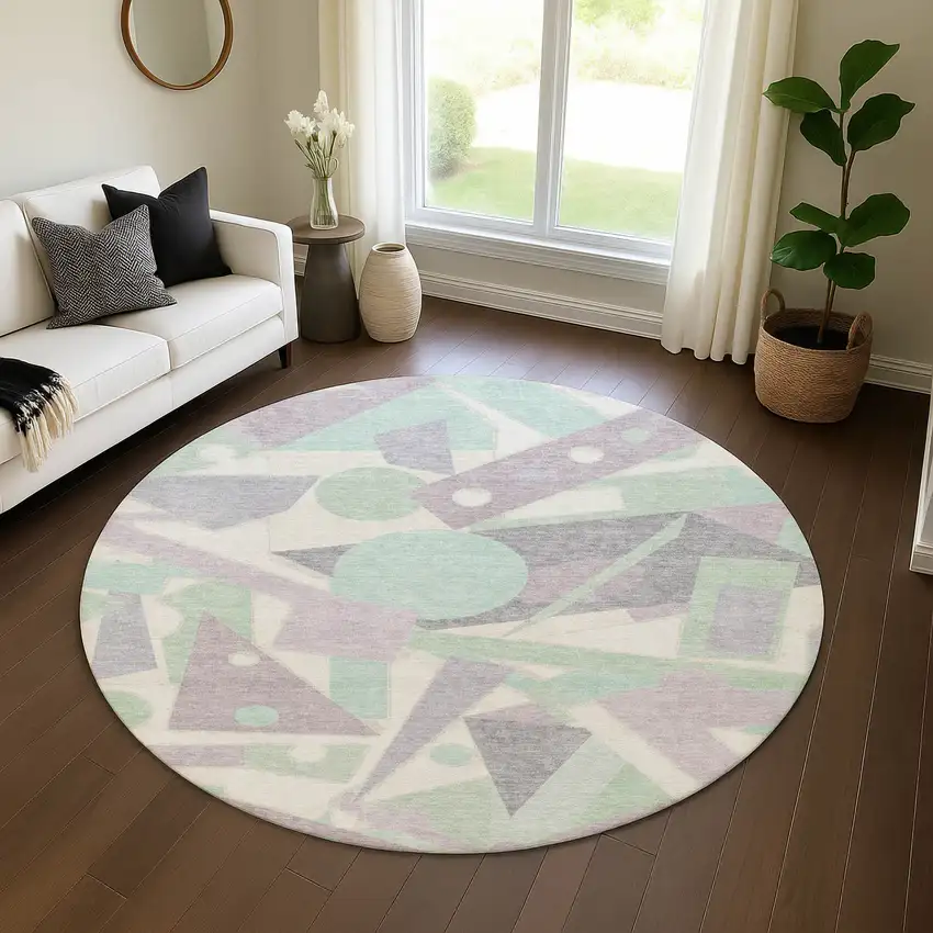 8' Lilac Mint Green And Ivory Geometric Washable Round Rug With UV Protection Photo 4