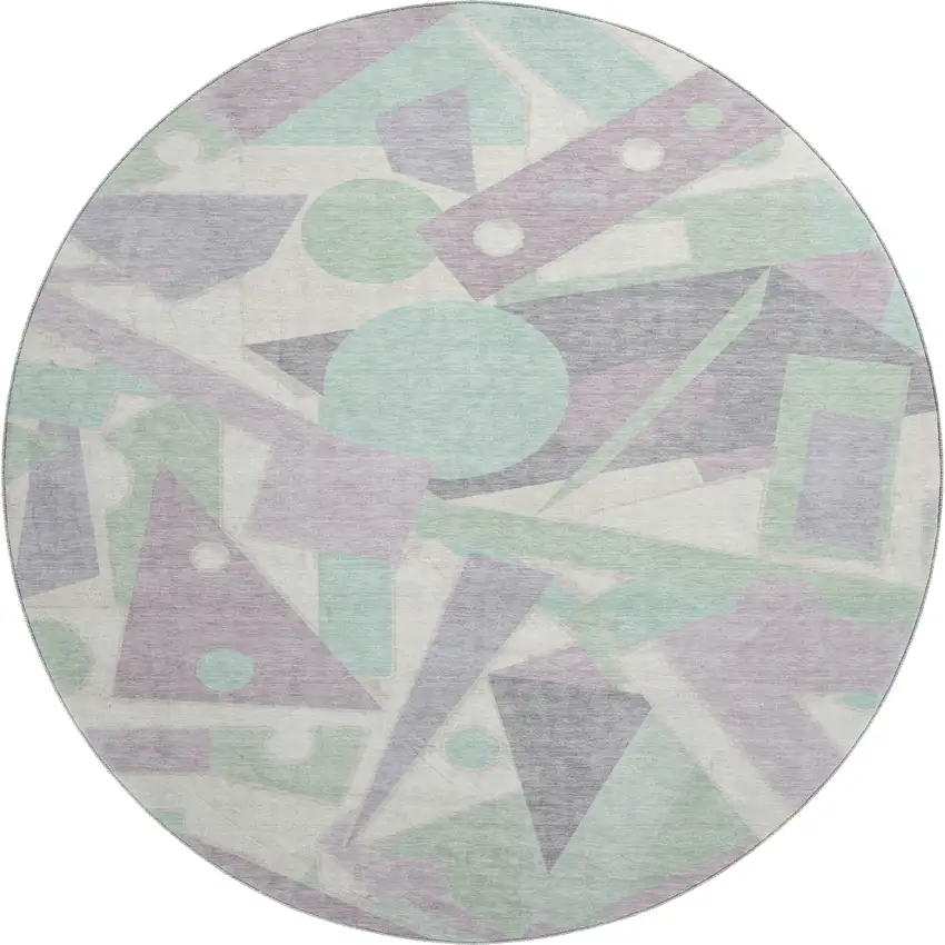 8' Lilac Mint Green And Ivory Geometric Washable Round Rug With UV Protection Photo 1