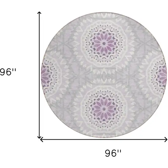8' Lilac Purple And Ivory Round Floral Medallion Washable Indoor Outdoor Area Rug Photo 3