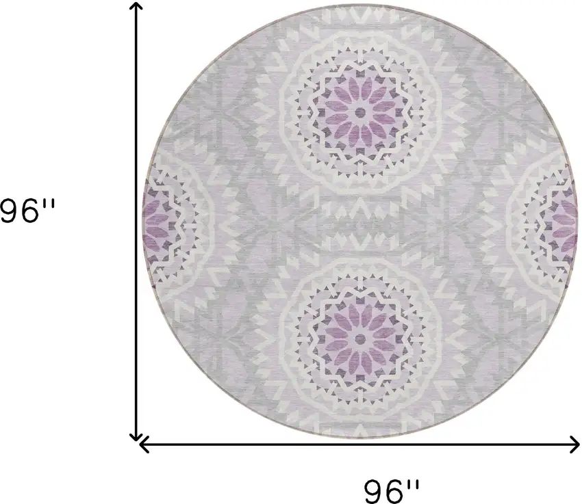 8' Lilac Purple And Ivory Round Floral Medallion Washable Indoor Outdoor Area Rug Photo 3