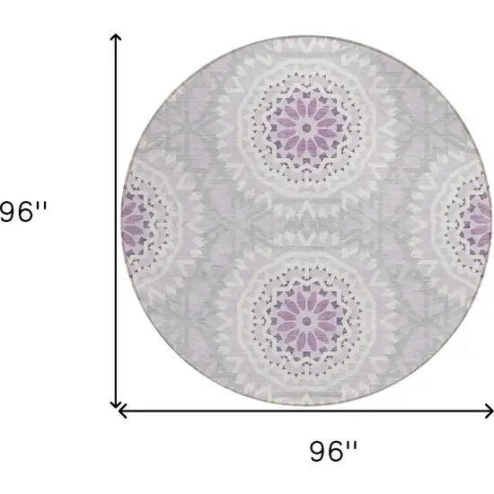 8' Lilac Purple And Ivory Round Floral Medallion Washable Indoor Outdoor Area Rug Photo 3
