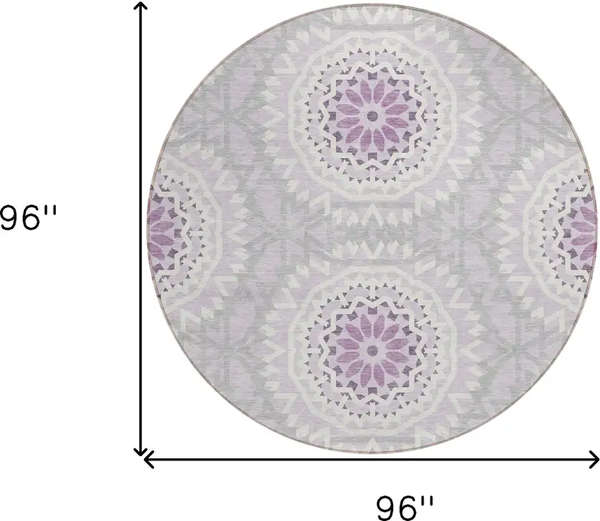 8' Lilac Purple And Ivory Round Floral Medallion Washable Indoor Outdoor Area Rug Photo 3