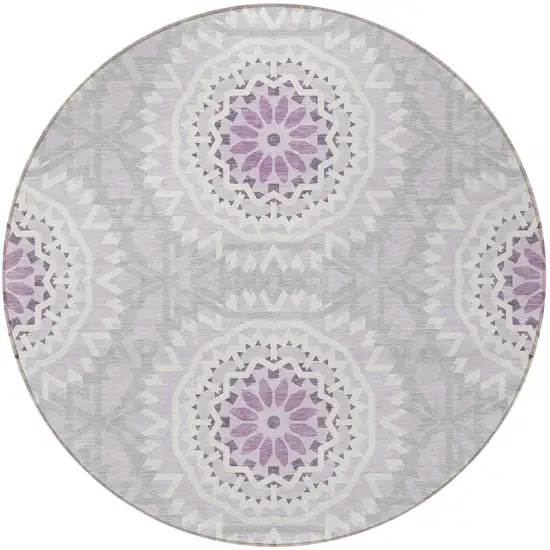 8' Lilac Purple And Ivory Round Floral Medallion Washable Indoor Outdoor Area Rug Photo 5