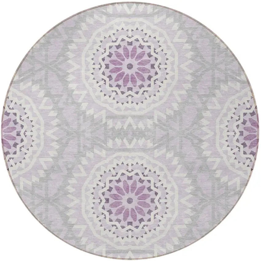 8' Lilac Purple And Ivory Round Floral Medallion Washable Indoor Outdoor Area Rug Photo 5
