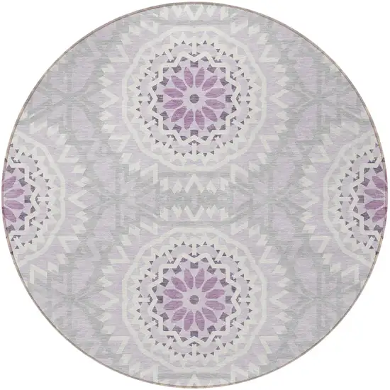 8' Lilac Purple And Ivory Round Floral Medallion Washable Indoor Outdoor Area Rug Photo 5