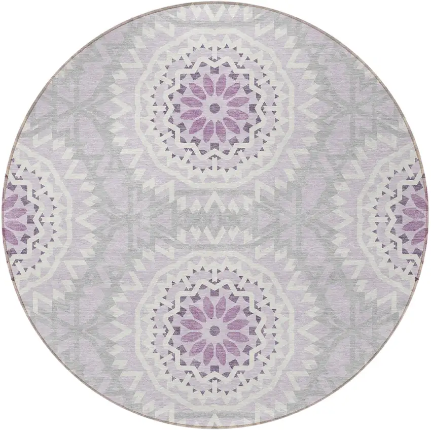 8' Lilac Purple And Ivory Round Floral Medallion Washable Indoor Outdoor Area Rug Photo 5