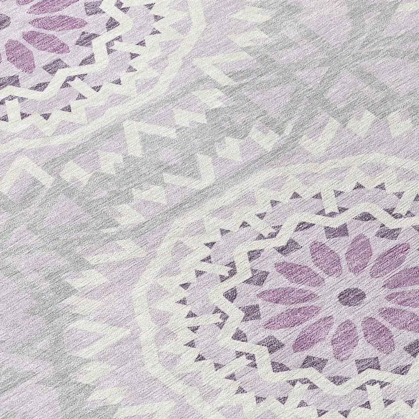 8' Lilac Purple And Ivory Round Floral Medallion Washable Indoor Outdoor Area Rug Photo 4