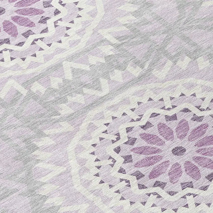 8' Lilac Purple And Ivory Round Floral Medallion Washable Indoor Outdoor Area Rug Photo 4