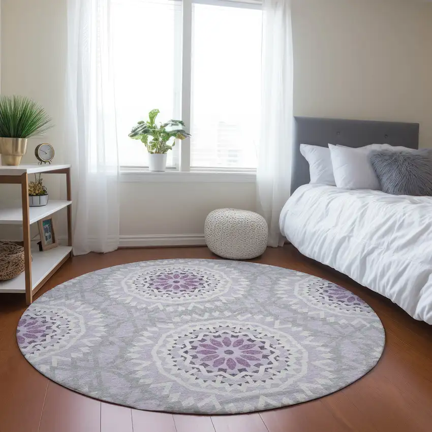 8' Lilac Purple And Ivory Round Floral Medallion Washable Indoor Outdoor Area Rug Photo 7