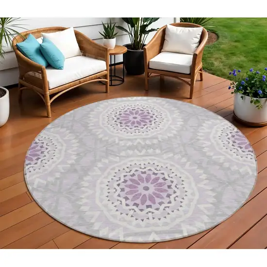 8' Lilac Purple And Ivory Round Floral Medallion Washable Indoor Outdoor Area Rug Photo 1
