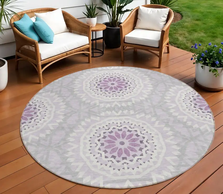 8' Lilac Purple And Ivory Round Floral Medallion Washable Indoor Outdoor Area Rug Photo 1