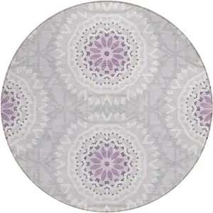 Photo of 8' Lilac Purple And Ivory Round Floral Medallion Washable Indoor Outdoor Area Rug
