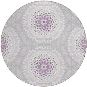 Photo of 8' Lilac Purple And Ivory Round Floral Medallion Washable Indoor Outdoor Area Rug
