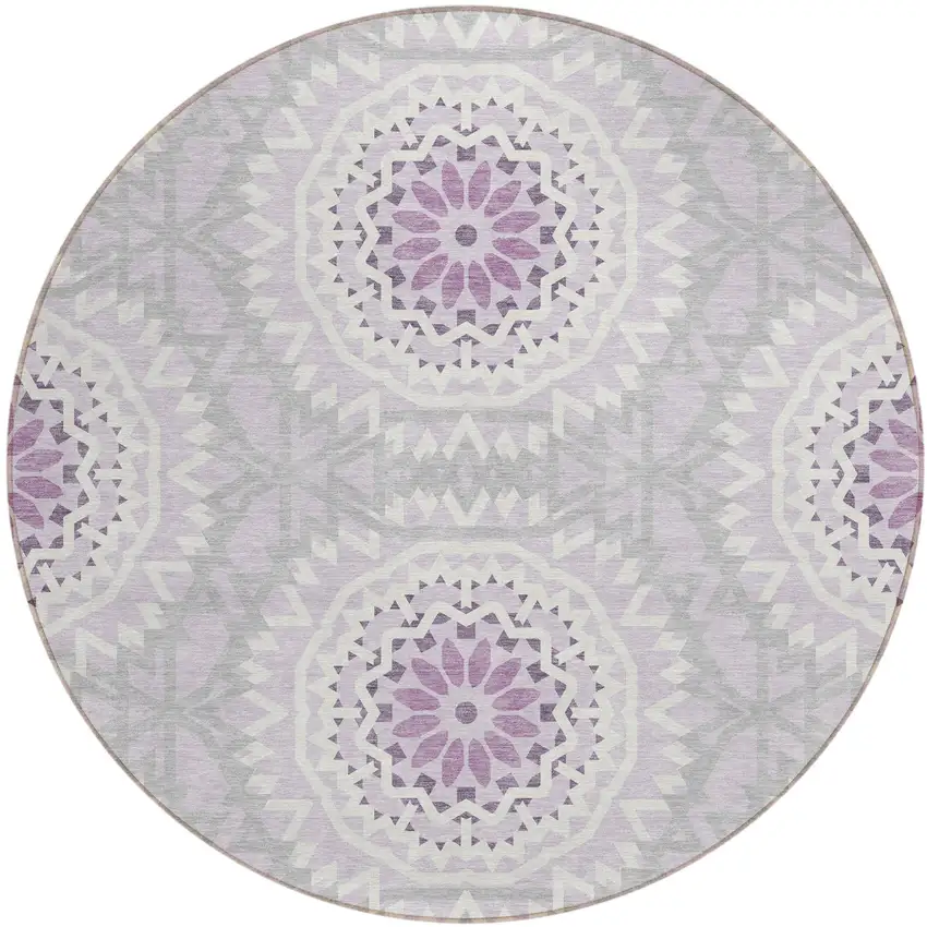 8' Lilac Purple And Ivory Round Floral Medallion Washable Indoor Outdoor Area Rug Photo 2