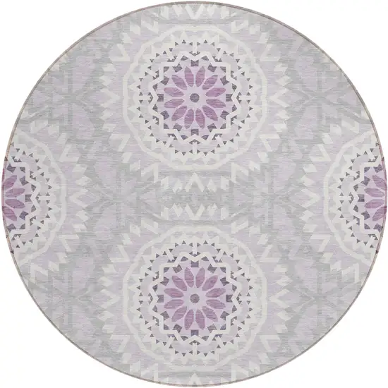 8' Lilac Purple And Ivory Round Floral Medallion Washable Indoor Outdoor Area Rug Photo 2